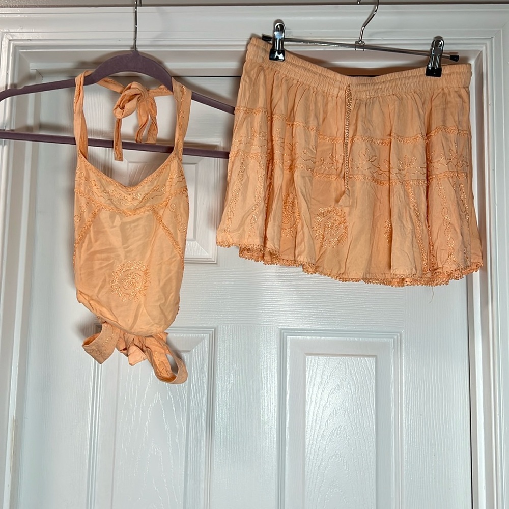 Festival Outfit - Embroidered Halter Crop Top and Skirt Set - L'Pogee